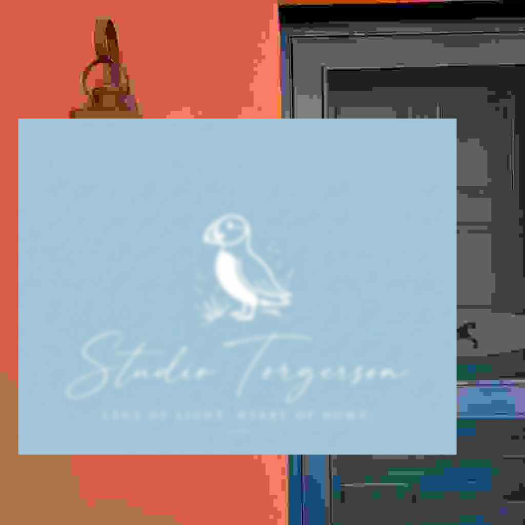 A light blue square card or print with a white puffin illustration and the text 'Studio Torgerson' and 'Lens of Light - Start of Home,' shown against a coral and dark gray background.