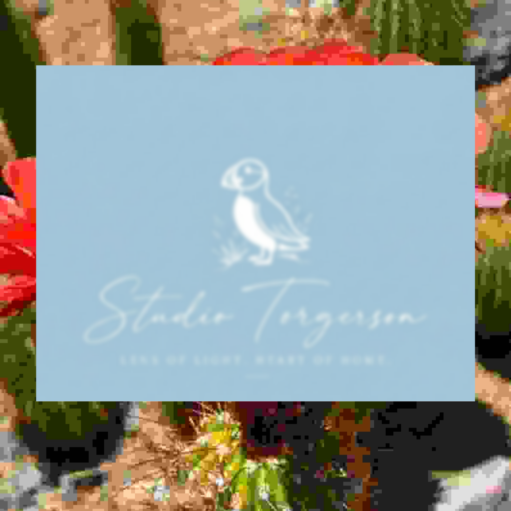 A square light blue card or label with a white puffin illustration and the text 'Studio Torgerson' and 'Love of Life, Heart of Home' centered over a blurred floral background.