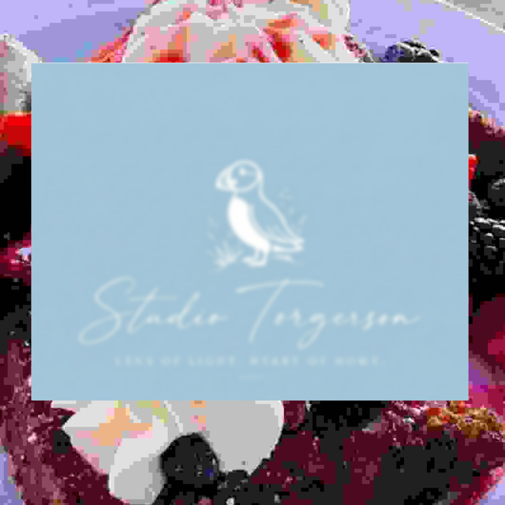 A square light blue card or label with a white puffin illustration and the text 'Studio Torgerson' and 'Love of Light, Heart of Home', placed over a colorful floral background.