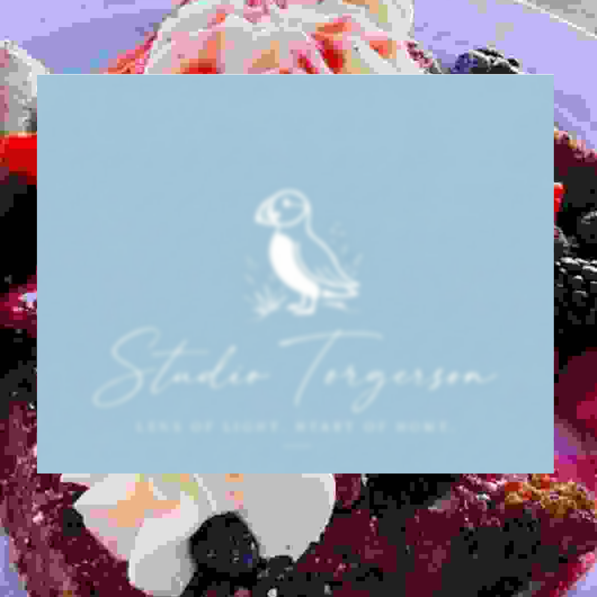 A square light blue card or label with a white puffin illustration and the text 'Studio Torgerson' and 'Love of Light, Heart of Home', placed over a colorful floral background.