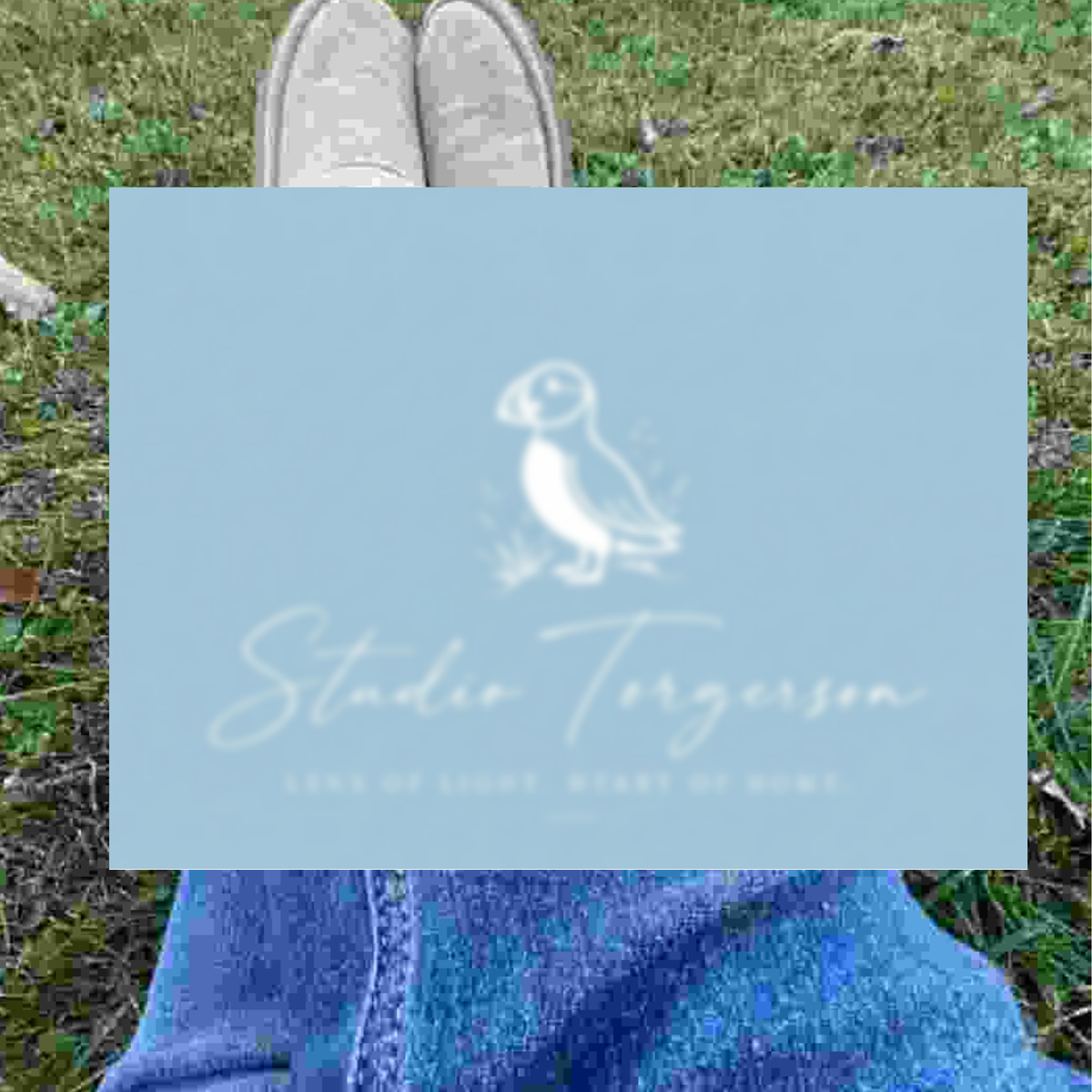 A square light blue card or print featuring a white puffin illustration and the text 'Studio Torgerson' with smaller text 'Light of Light, Heart of Home', placed over a person's legs on grass.