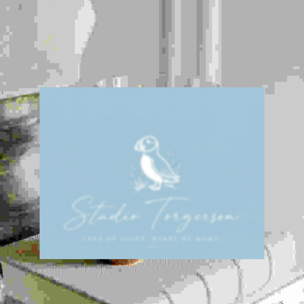 A square light blue card or print featuring a white puffin illustration and the text 'Studio Torgersen' with smaller text below, centered over a blurred gray background.