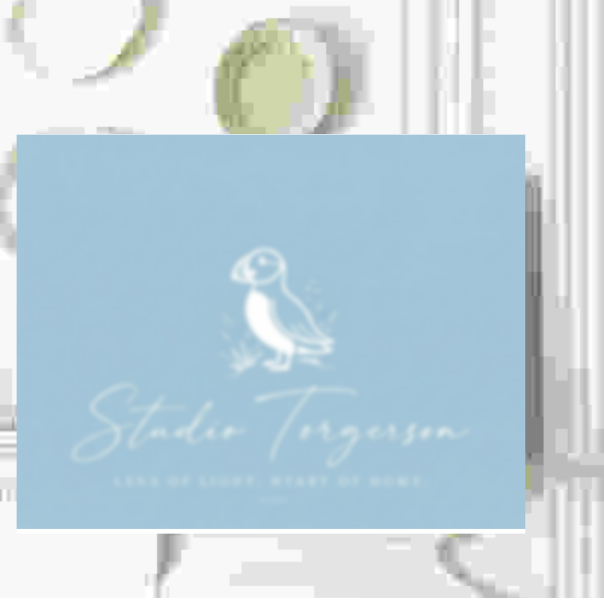 A square light blue card or label featuring a white line drawing of a puffin and the text 'Studio Torgerson' with smaller text below, shown against a white background with faint decorative shapes.