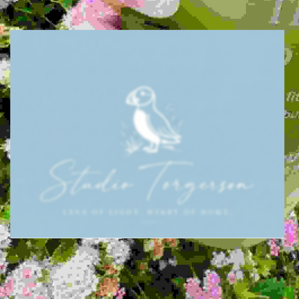 A square light blue card or print featuring a white puffin illustration and the text 'Studio Torgersen' with smaller text 'Less is more. Heart of home.