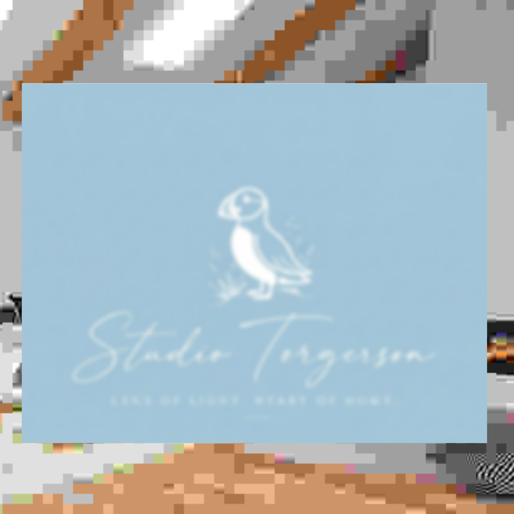 A square light blue card or print featuring a white puffin illustration and the text 'Studio Torgerson' with smaller text below, shown against a blurred gray background with tan and metallic elements.