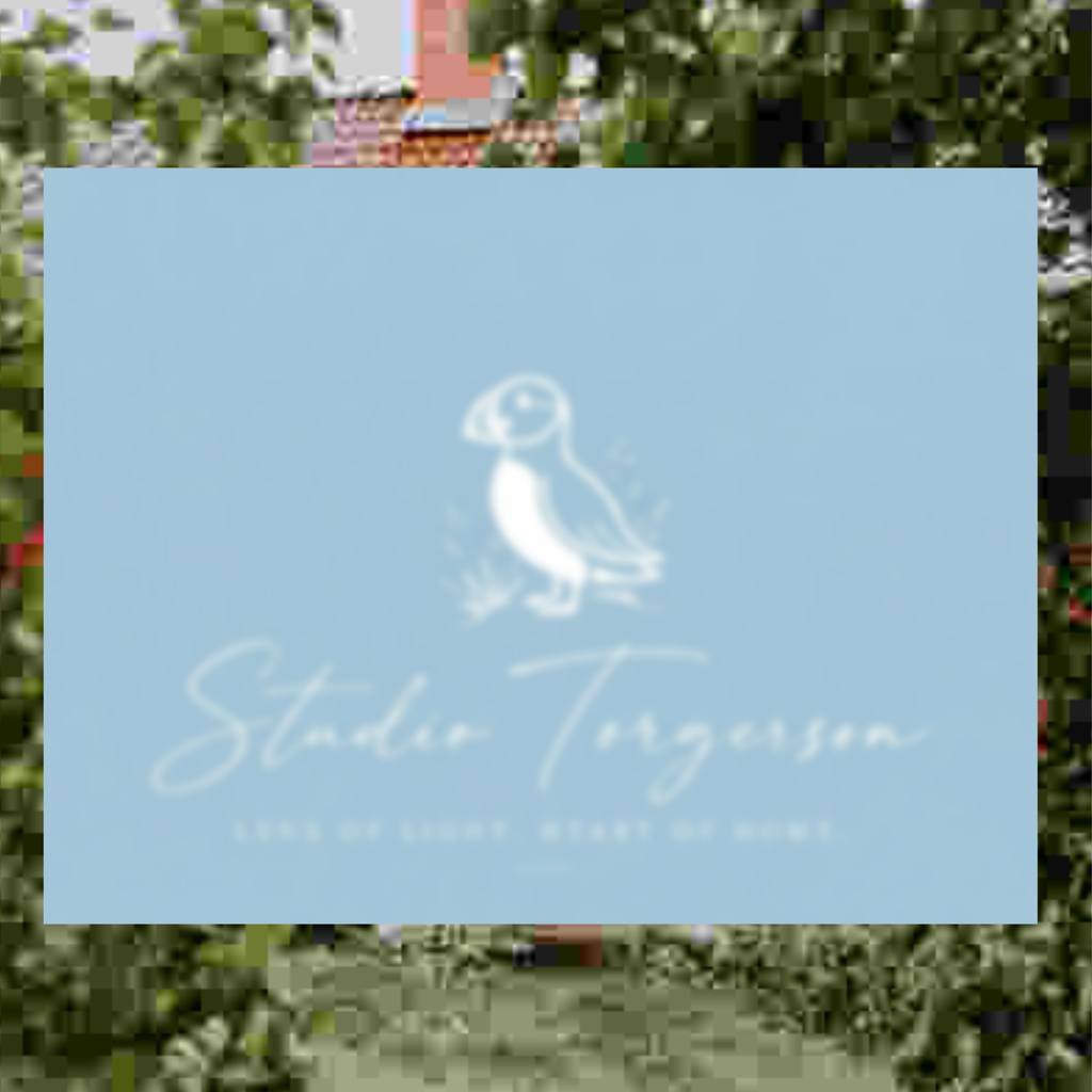 A square light blue card or sign with a white puffin illustration and the text 'Studio Torgerson' and 'Less is more. More of home.