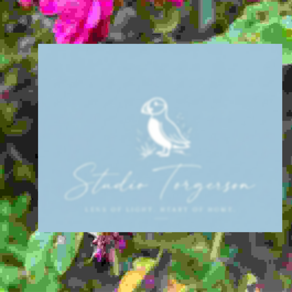 A square light blue card or print featuring a white line drawing of a puffin and the text 'Studio Torgersen' with smaller text below, centered over a blurred floral background with green leaves and pink flowers.