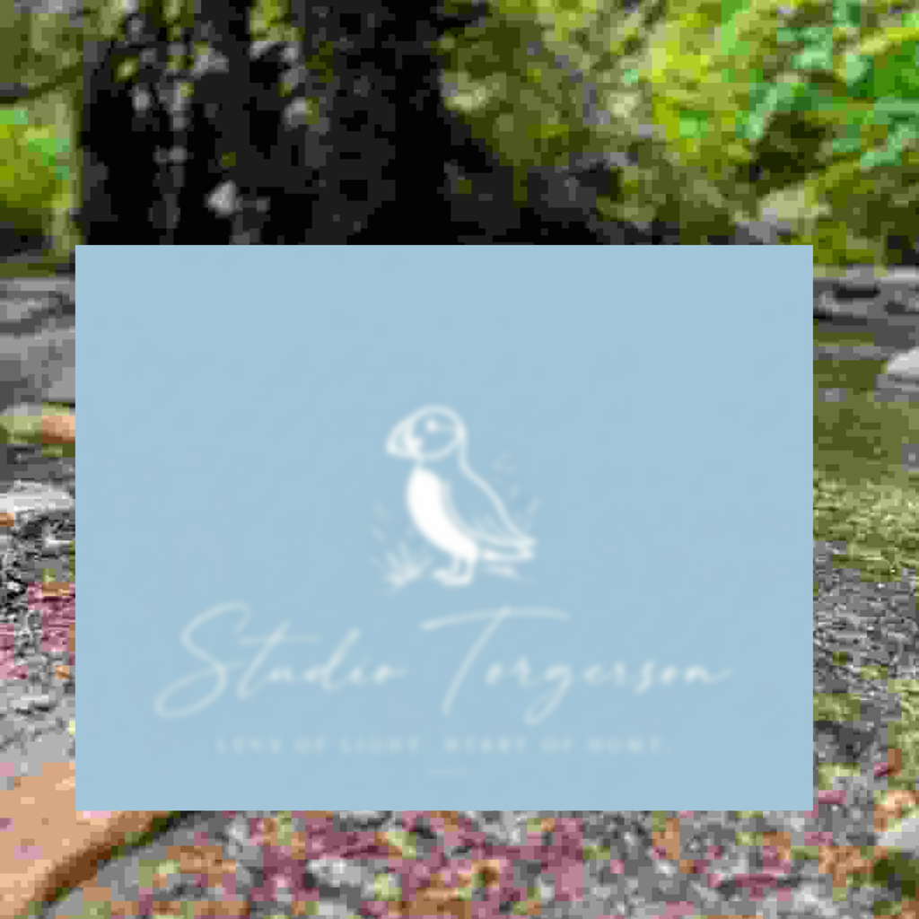 A square light blue card or print featuring a white puffin illustration and the text 'Studio Torgerson' with smaller text below, set against a blurred outdoor garden background.
